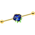 14G Blue Gem Gold Tone Deep Blue Flower Industrial Barbell 38mm