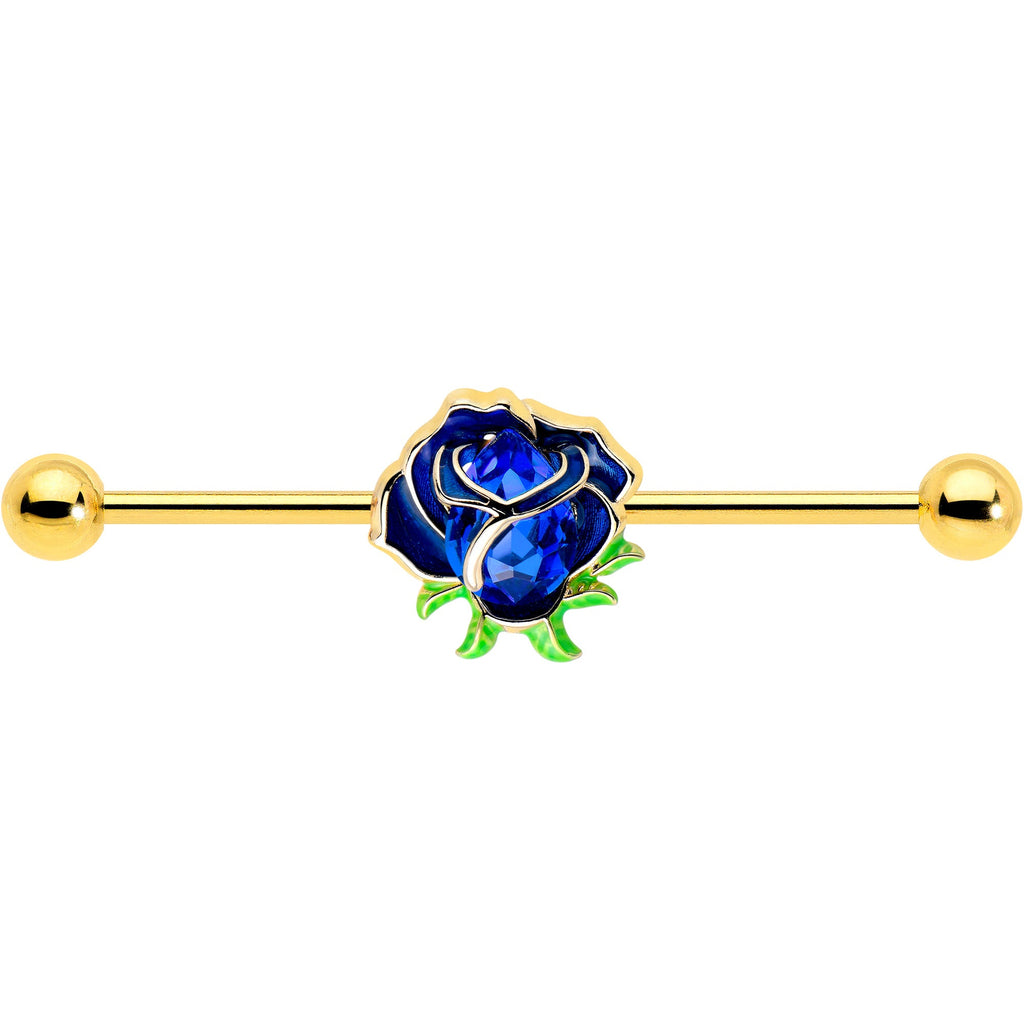 14G Blue Gem Gold Tone Deep Blue Flower Industrial Barbell 38mm
