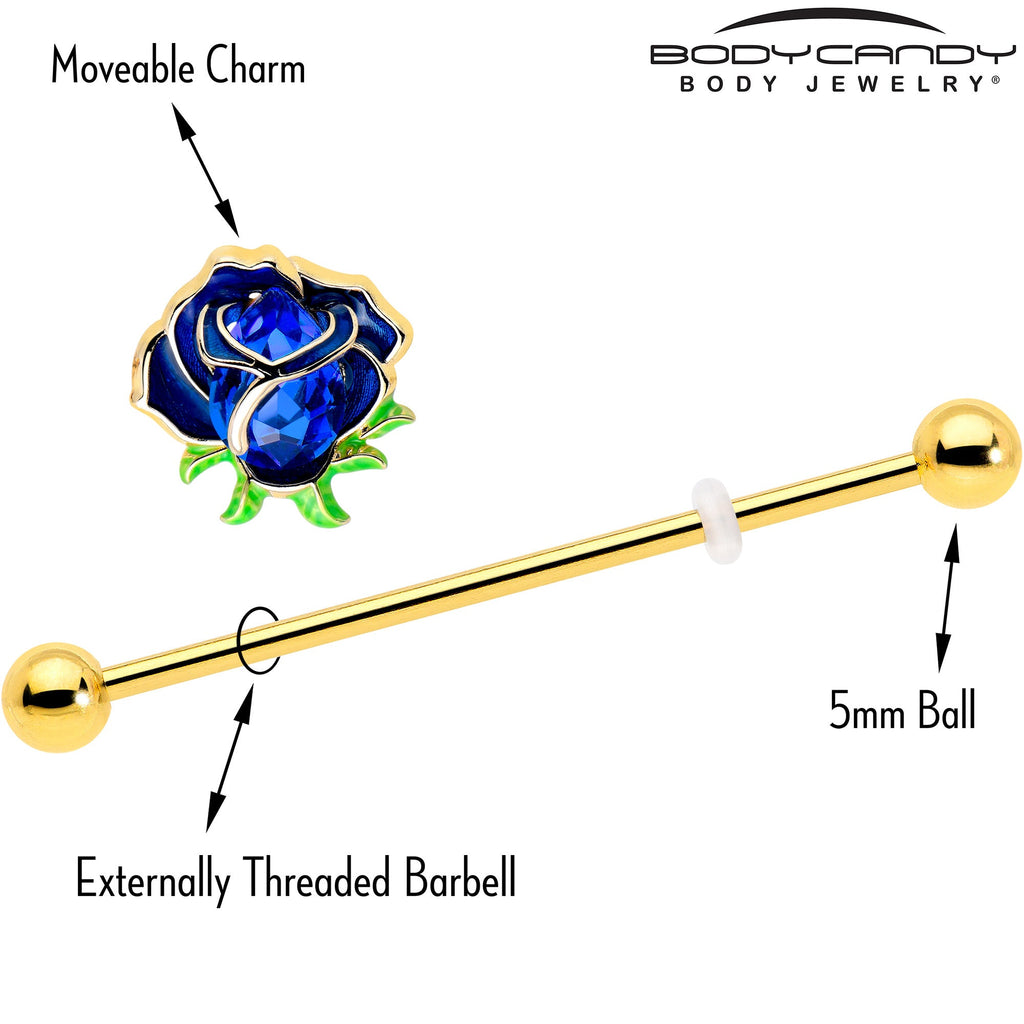 14G Blue Gem Gold Tone Deep Blue Flower Industrial Barbell 38mm