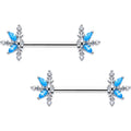 14G 9/16 Blue CZ Gem Classic Flower Barbell Nipple Ring Set
