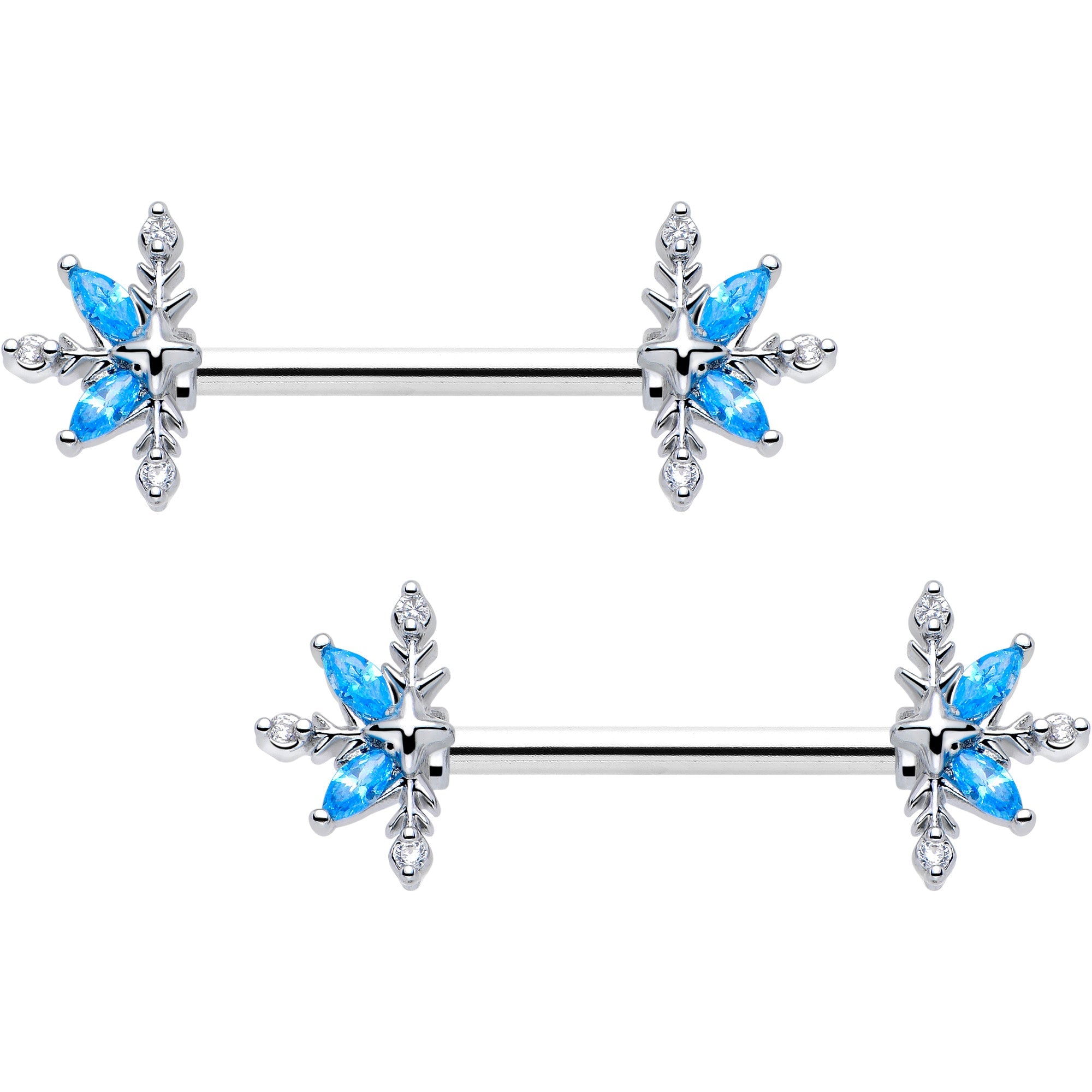 14G 9/16 Blue CZ Gem Classic Flower Barbell Nipple Ring Set