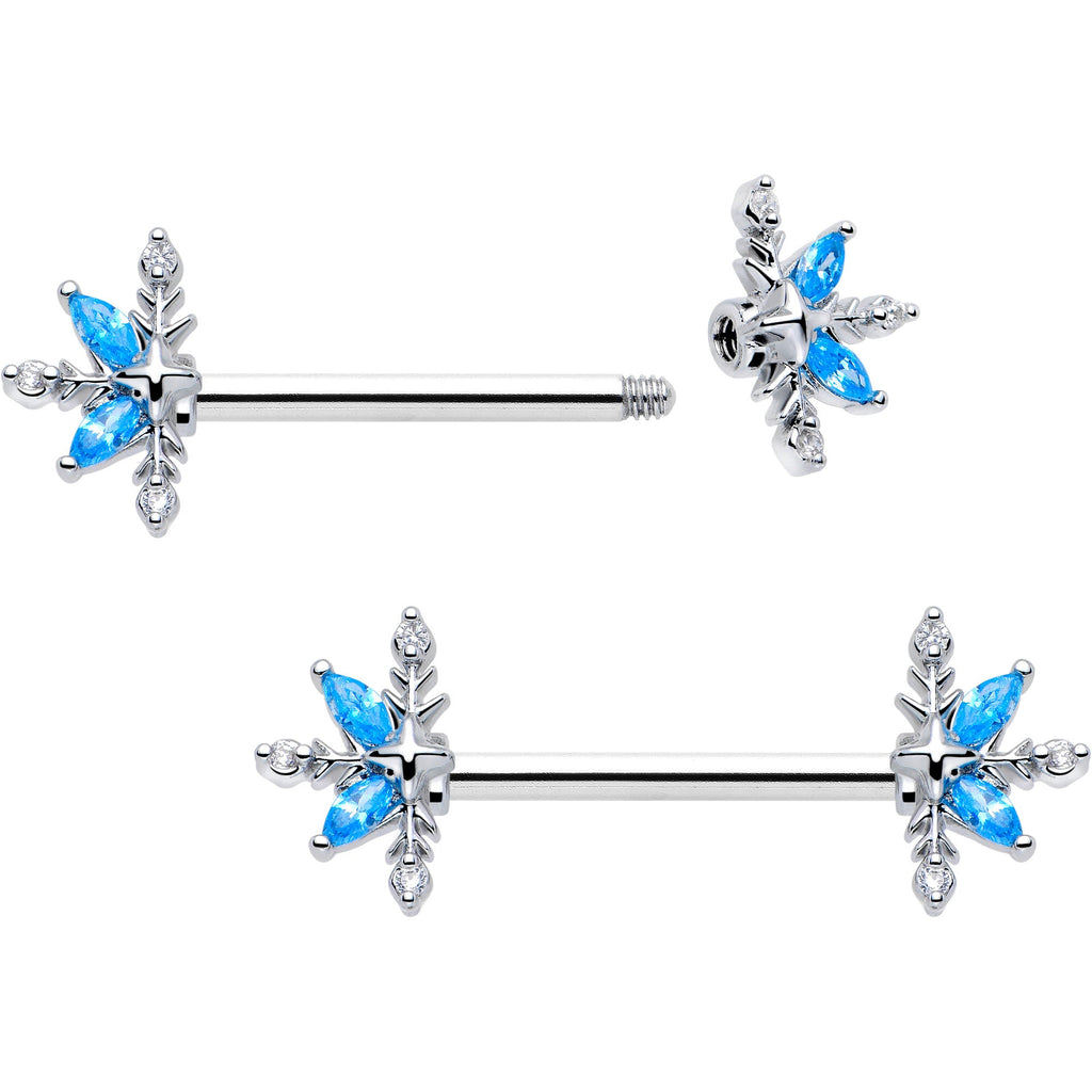 14G 9/16 Blue CZ Gem Classic Flower Barbell Nipple Ring Set