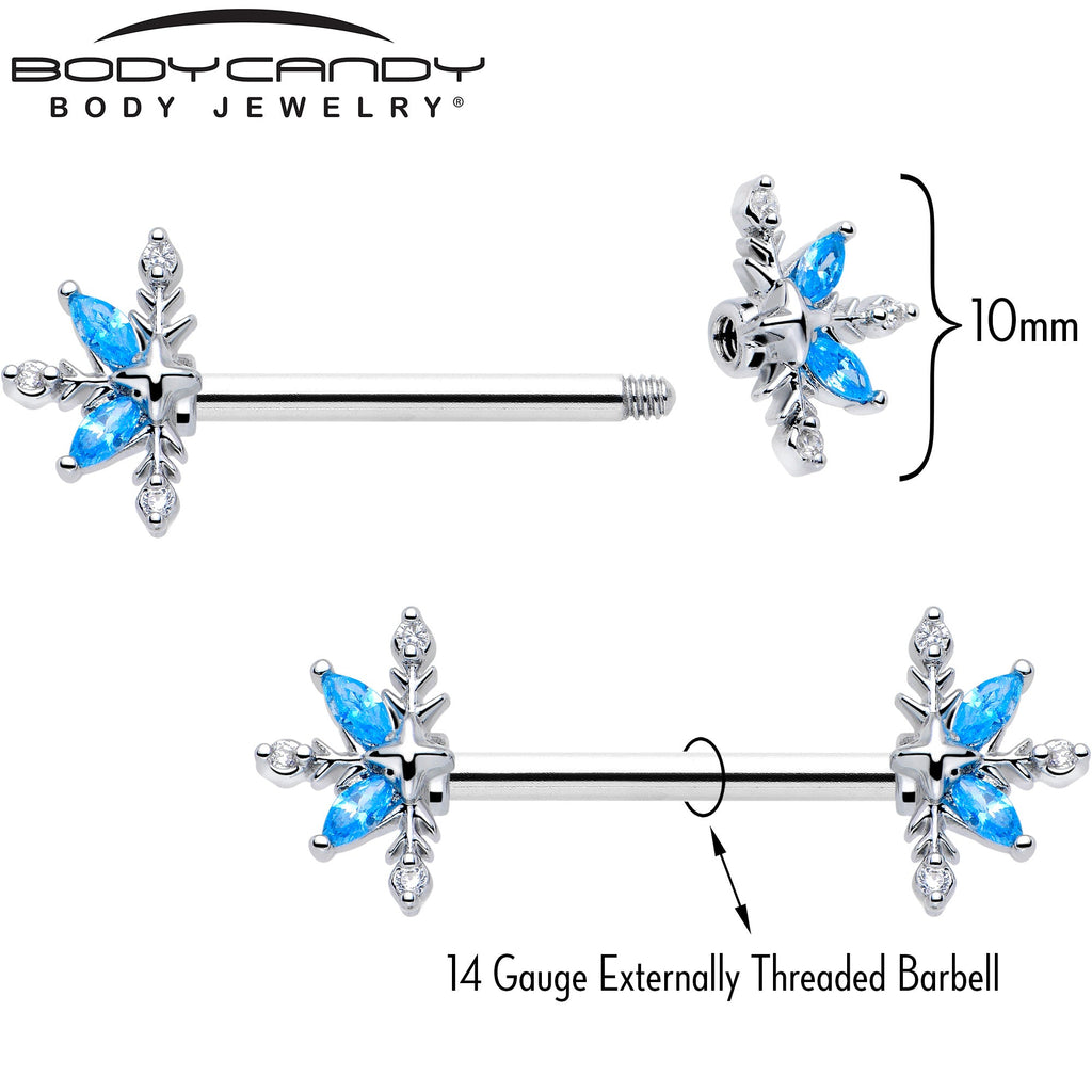 14G 9/16 Blue CZ Gem Classic Flower Barbell Nipple Ring Set