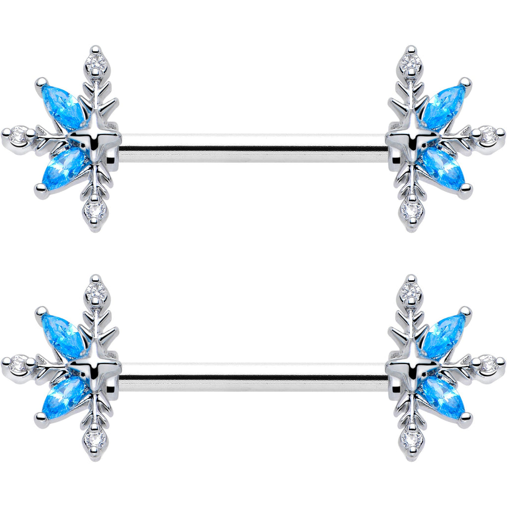 14G 9/16 Blue CZ Gem Classic Flower Barbell Nipple Ring Set