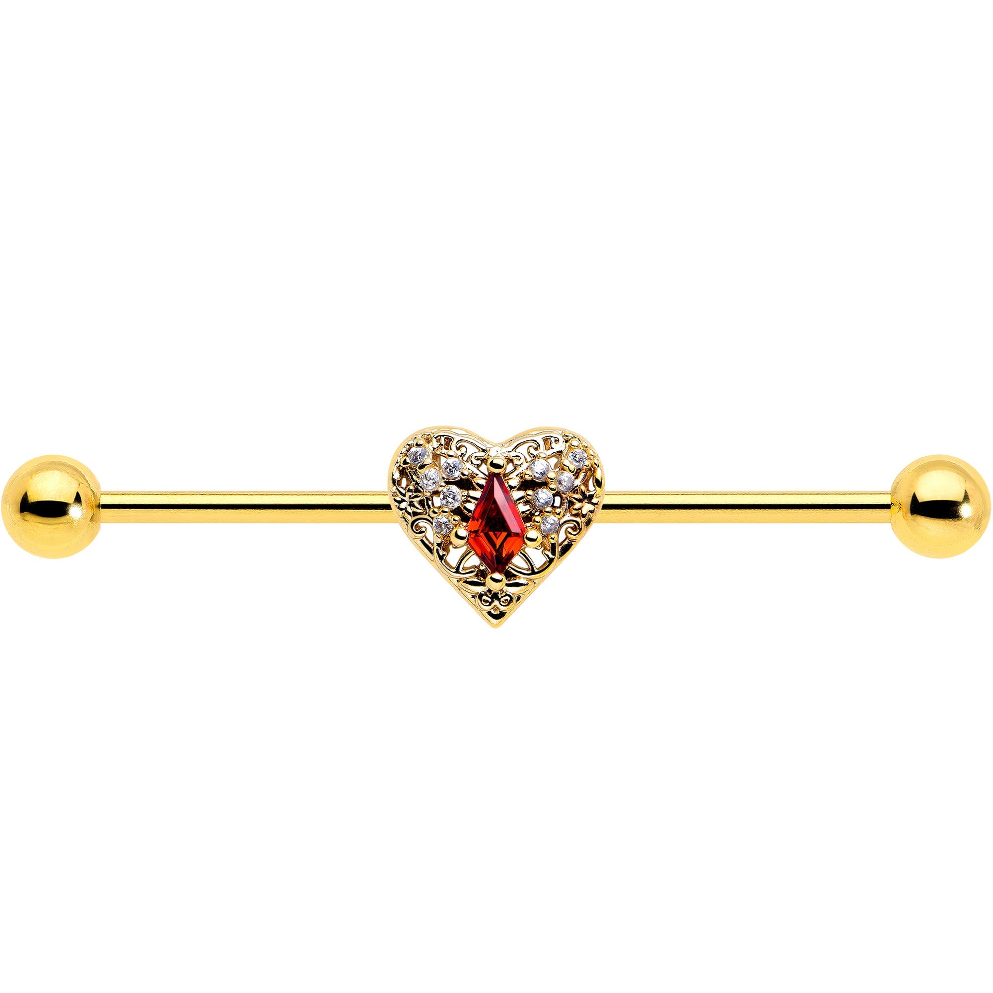 14G Red CZ Gem Gold Tone Heart Queen Industrial Barbell 38mm