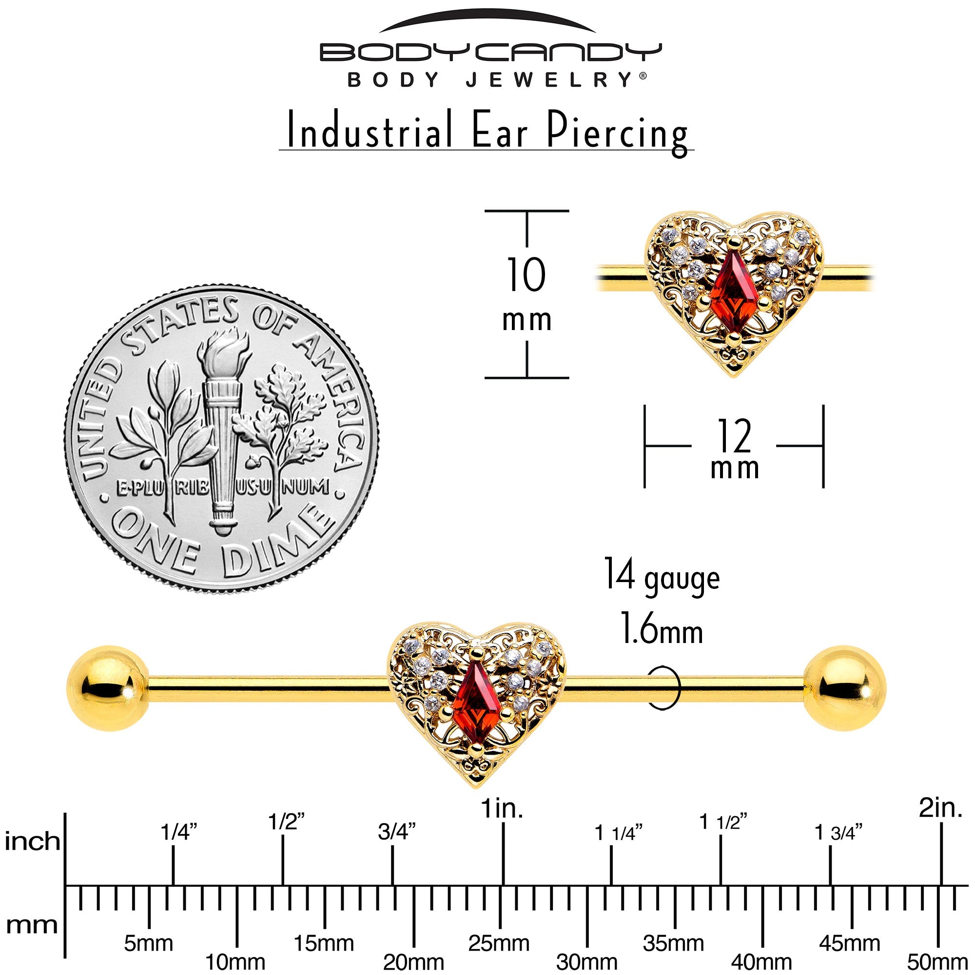 14G Red CZ Gem Gold Tone Heart Queen Industrial Barbell 38mm