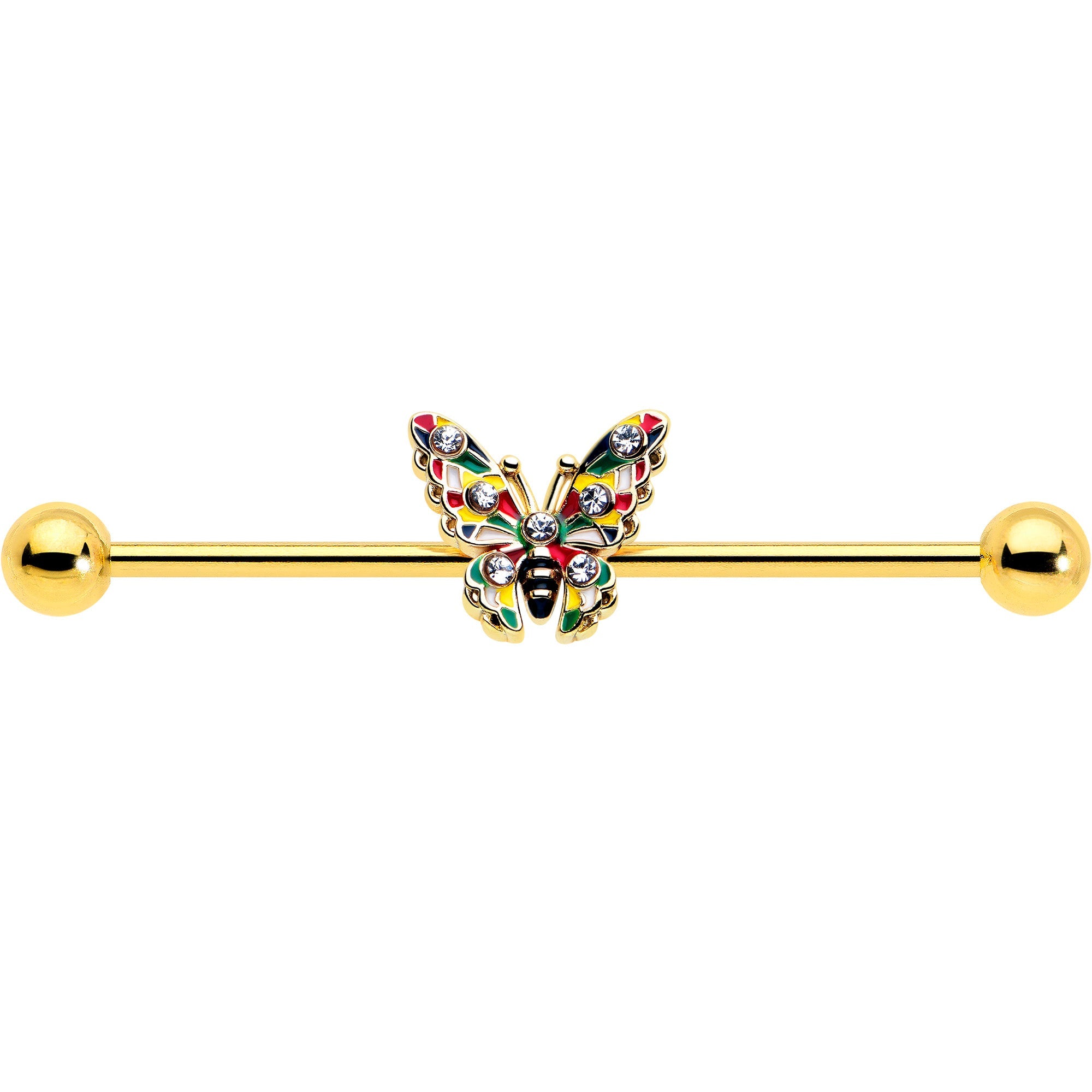 14G Clear Gem Gold Tone Color Block Butterfly Industrial Barbell 38mm