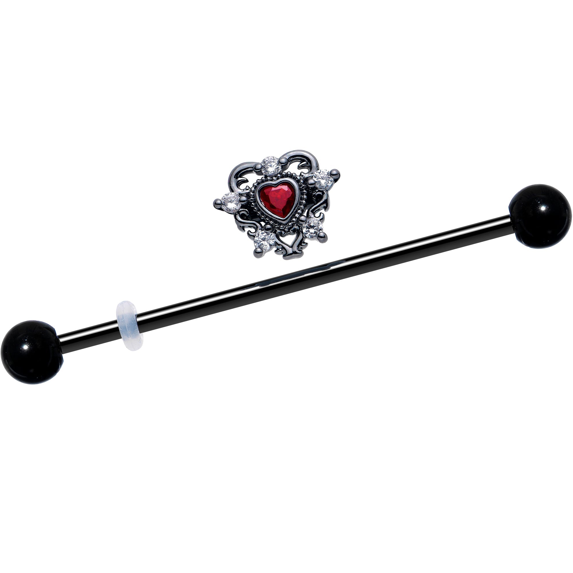 14G Red CZ Gem Black Double Heart Industrial Barbell 38mm