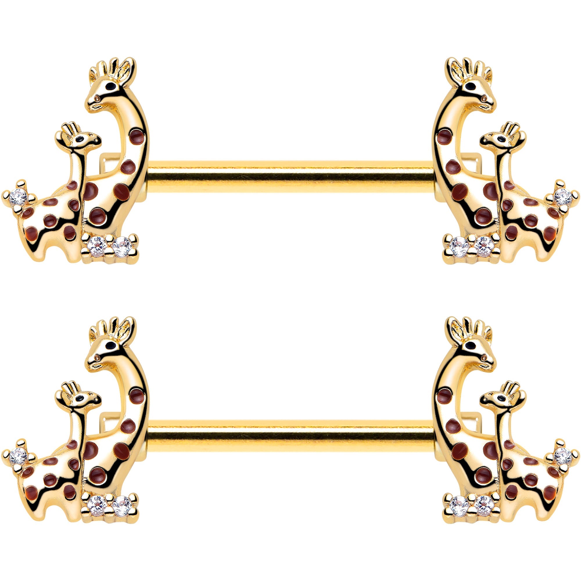 14G 9/16 Clear CZ Gem Gold Tone Mom Baby Giraffes Nipple Ring Set