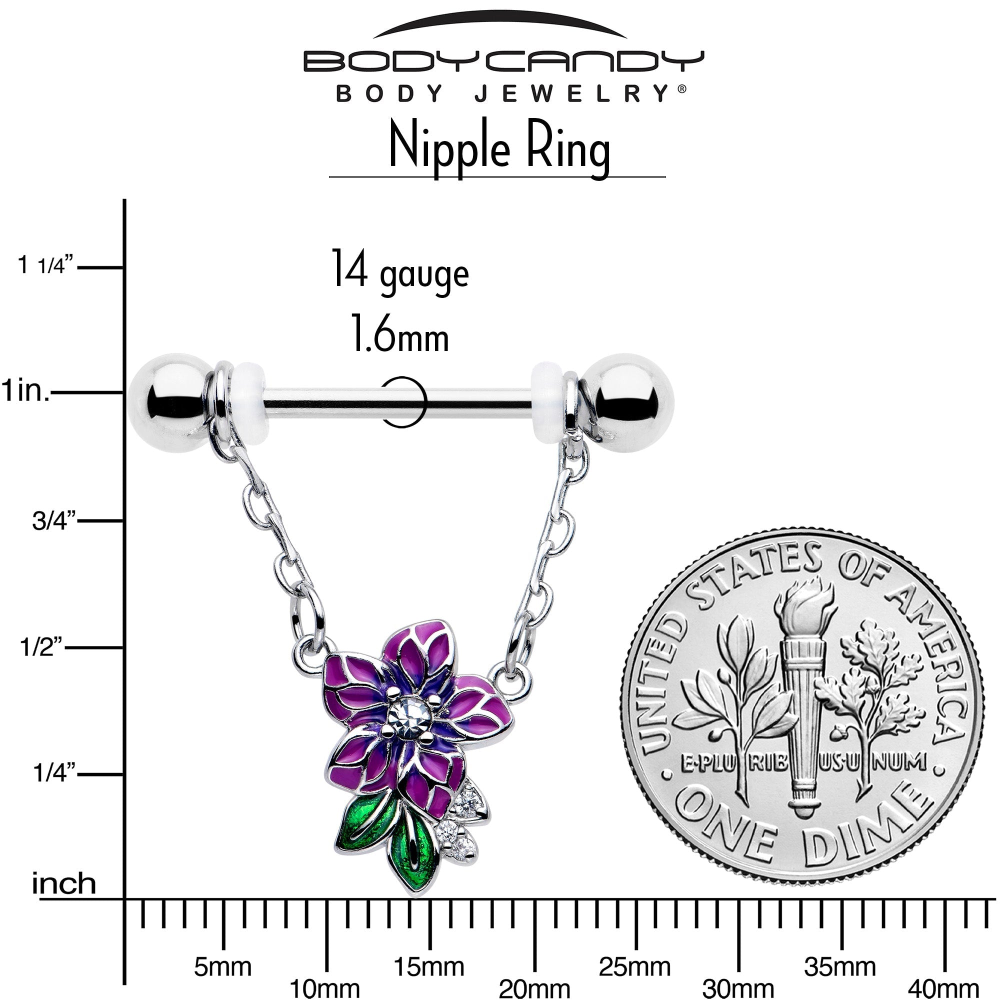 14G 9/16 Clear CZ Gem Flower Purple Chain Dangle Nipple Ring Set