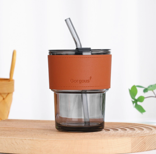 15oz Glass Water Bottle with Lid and Straw (1pc)